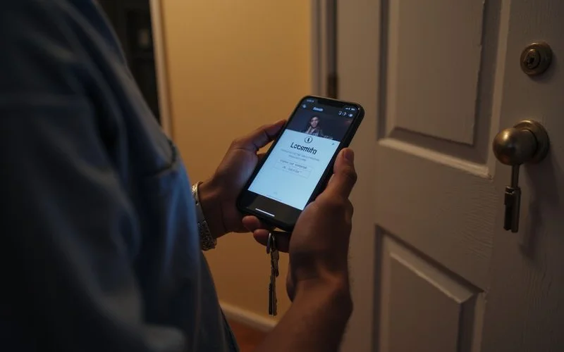 Close-up of a smartphone screen showing a call in progress at night, with a dim streetlight visible in the background through a window