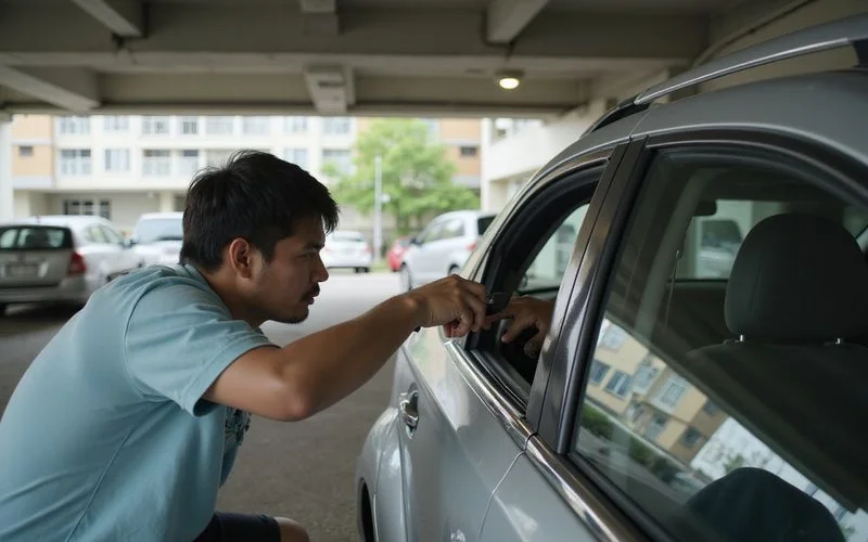 A person standing beside a parked car at dusk, peering through the driver's side window checking for keys left inside, city street in the background