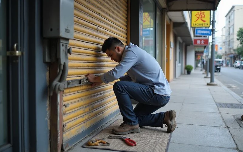 A shopfront metal shutter and glass door in a Singapore commercial unit, a locksmith kneeling to inspect the lower shutter lock mechanism