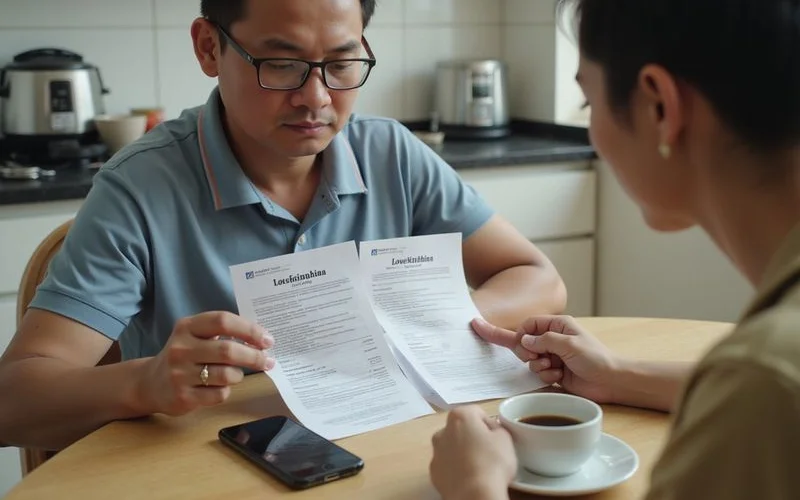 A person comparing two printed quotes from different locksmith providers at a kitchen table, a phone showing a third quote nearby
