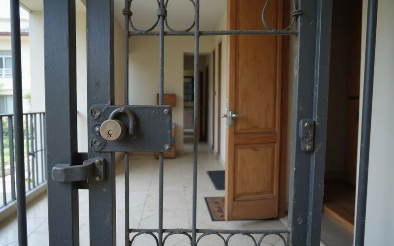 A HDB corridor showing a metal grille gate in front of a flat's main door, both closed, illustrating the two-layer entrance common in Singapore public housing