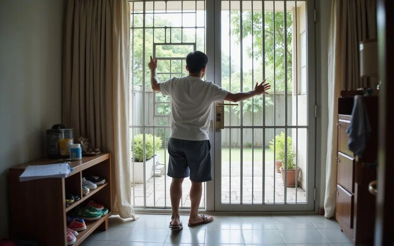 A HDB flat's front door and grille gate, both slightly ajar, illustrating a two-layer entrance with a keypad lock visible on the gate at adult reaching height