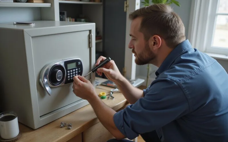 A locksmith kneeling in front of a small digital home safe, inspecting the keypad and lock mechanism with a small flashlight and screwdriver set nearby