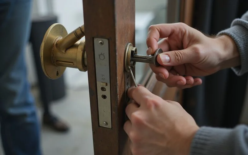 A locksmith kneeling at a residential front door in Singapore using pick tools to open a pin tumbler lock, daylight, no visible faces or logos