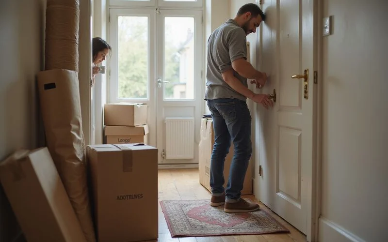 Moving boxes stacked near a front door in a newly occupied Singapore flat, with a locksmith fitting a lock to the main door in the background