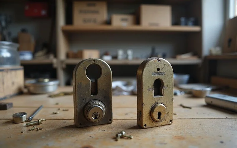 Two lock cylinders side by side on a workbench, one partially disassembled showing internal pins, next to a set of small locksmith tools