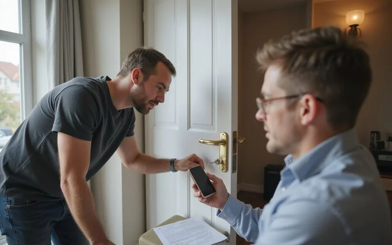 A tenant and a locksmith standing at the door of a Singapore flat, the locksmith holding a new set of keys while reviewing a checklist on a clipboard