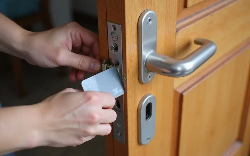 A door with a simple spring latch mechanism visible, a slim plastic card held at an angle against the door frame demonstrating the classic card-slide technique